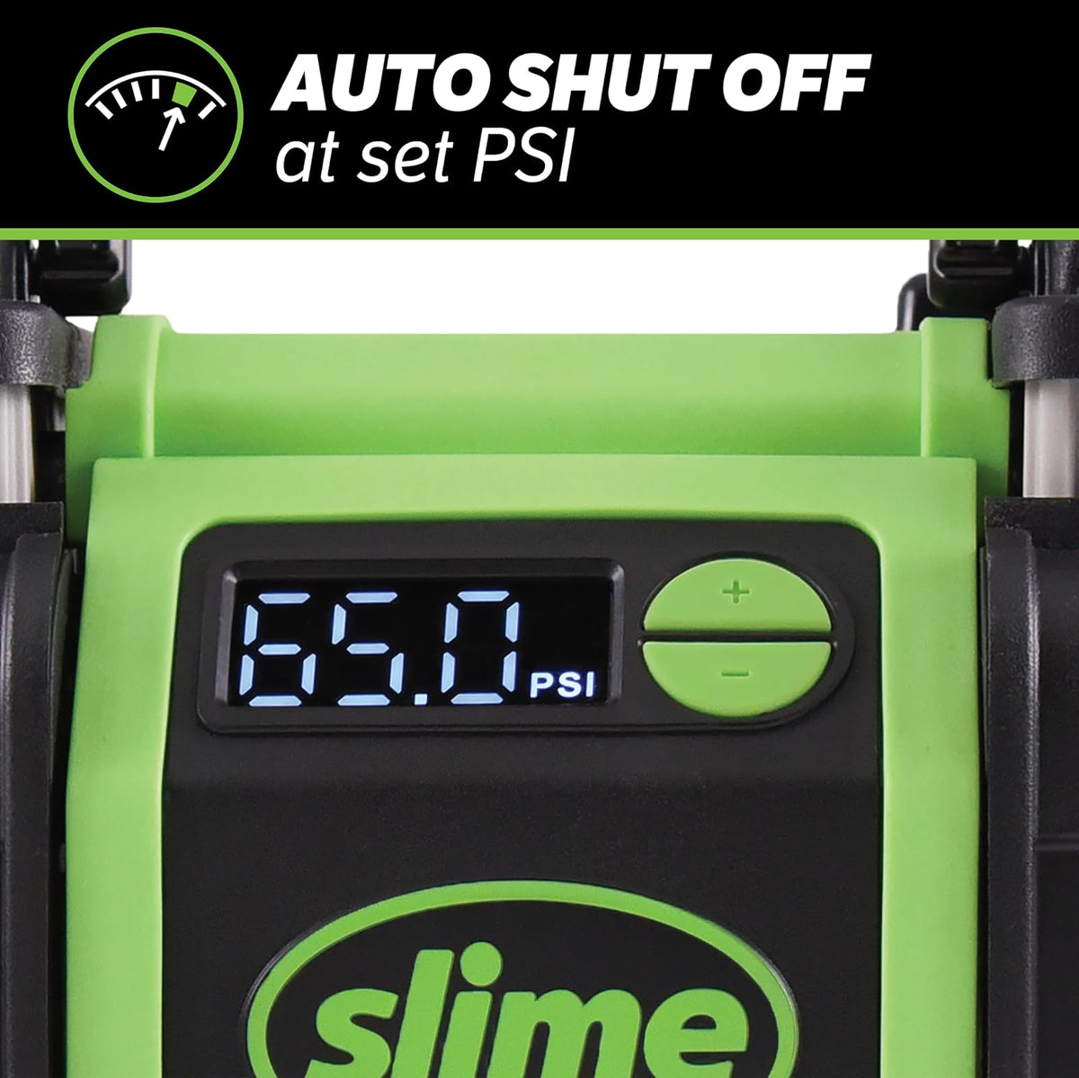 Slime 40083 Inflador de neumáticos, Super Duty Pro Power, conexión de batería, pistón Doble, con medidor Digital de 0 a 99 PSI, Manguera Larga y luz LED, Clips de cocodrilo, inflado de 2 Minutos