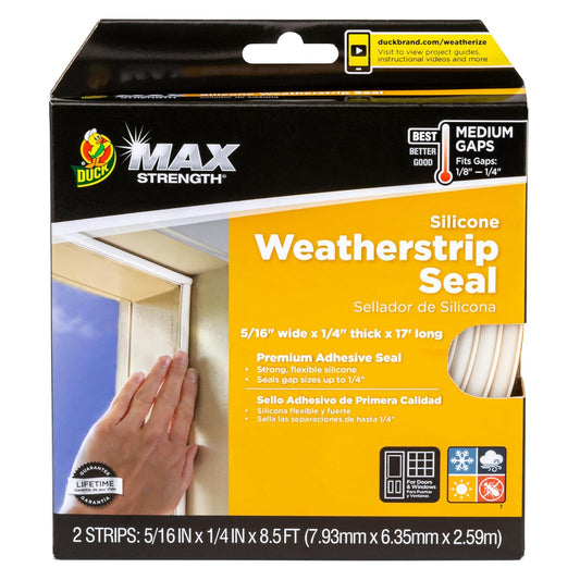 Duck Brand Max Strength - Sello de silicona para puertas y ventanas, autoadhesivo, se adapta a espacios medianos de 1/8-1/4 pulgadas, 0.31 pulgadas x 0.25 pulgadas. x 16 pies, blanco