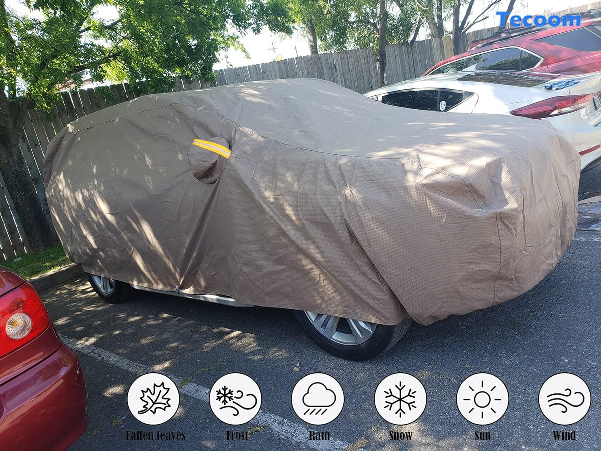 Tecoom Funda Gruesa de Carcasa súper Transpirable, Impermeable, a Prueba de Viento, Nieve, Sol, Lluvia, Rayos UV, para Exteriores, Todo Clima, para SUV, Ajuste para SUV de tamaño Completo de 206-215