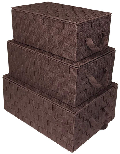 Sorbus Set of 3 Storage Baskets for Organizing with Lid, Mesh Hand-Woven Design, Linen Closet Organizers and Storage, Organizer Storage Baskets for Shelves, Variety Pack Organizers and Storage - marrón