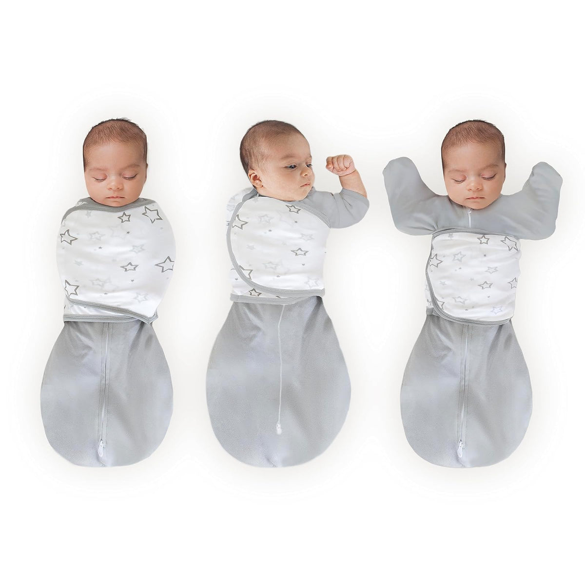 Amazing Baby Omni - Saco envolvente de 6 vías con mangas envolventes y puños de manopla, fácil transición de envoltura, mejor sueño para bebés recién nacidos, niños y niñas, estrellas grises, S, 0-3 meses - Estrellas Gris