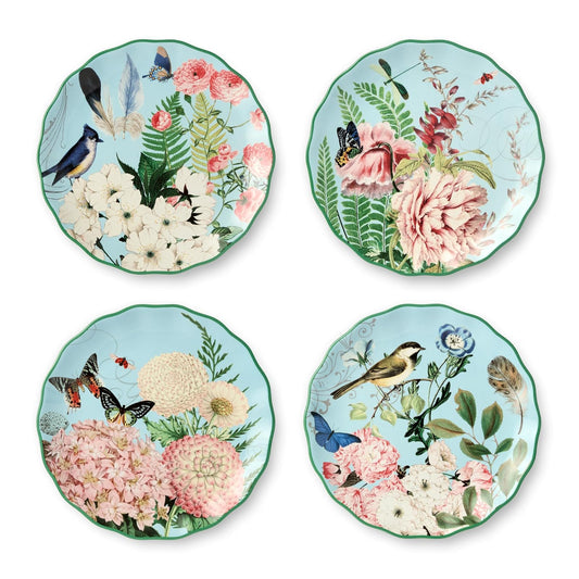 Flora - Juego de 4 platos de ensalada - Platos de cerámica de 9 pulgadas con vibrantes diseños florales, mariposas y libélulas, vajilla duradera para ensaladas, aperitivos y postres