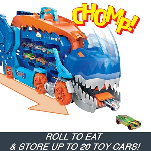 Hot Wheels Pista City Súper Remolque T-Rex con Luces y 2 Autos Incluidos para Niños de 4 Años