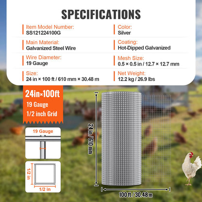 VEVOR Malla de Alambre Soldada 610mm x 30,48m Rollo de Malla de Alambre Galvanizado en Caliente 12,7x12,7 mm Valla de Alambre de Gallinero Calibre 19 para Jaulas de Conejos, Jardín, Roedores Pequeños