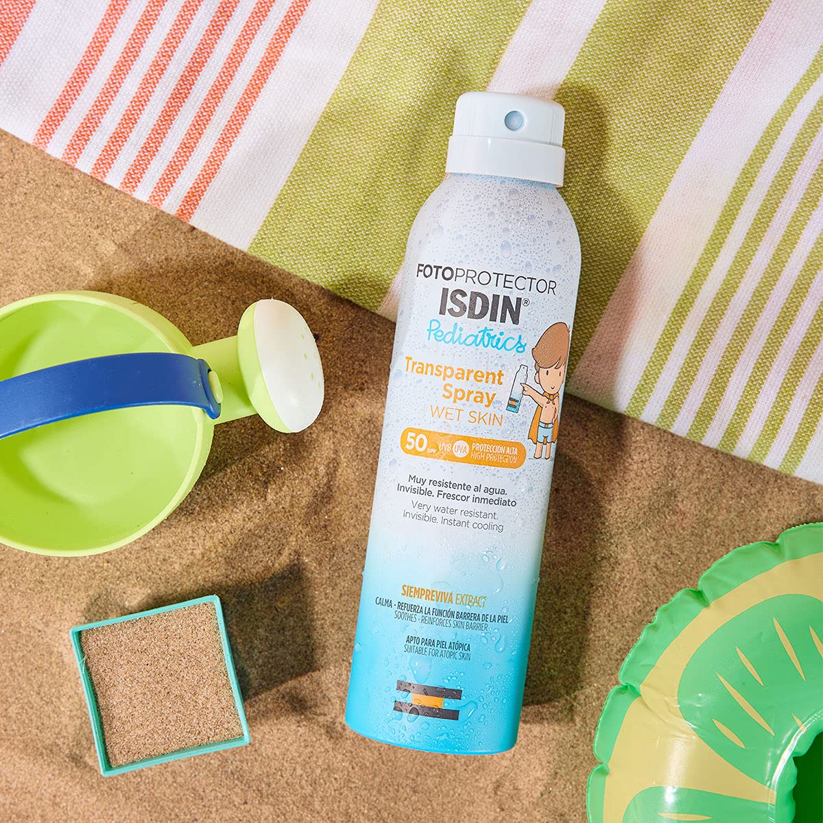 ISDIN fotoprotector transparent spray wet skin pediatrics spf 50, protector solar corporal para ninos, textura invisible y ligera para piel mojada, 250ml