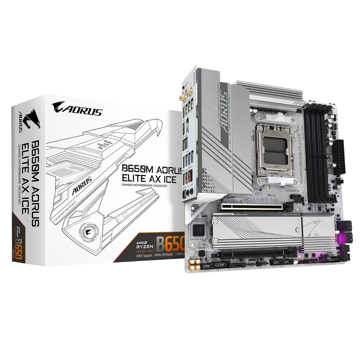 GIGABYTE B650M AORUS Elite AX Ice AM5 LGA 1718 AMD B650 M-ATX Placa Base con 5 años de garantía, DDR5, 2* M.2, PCIe 5.0, USB 3.2 Gen2X2 Tipo-C, LAN de 2.5GbE, Q-Flash Plus, EZ-Latch