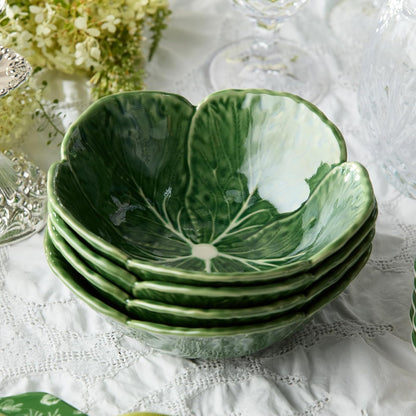 Le Jardin - Juego de 4 cuencos de cereales 3D de 7 pulgadas – tazón de hojas de gres verde esculpido – Cerámica inspirada en el jardín de temporada para desayuno, aperitivos y comidas diarias de