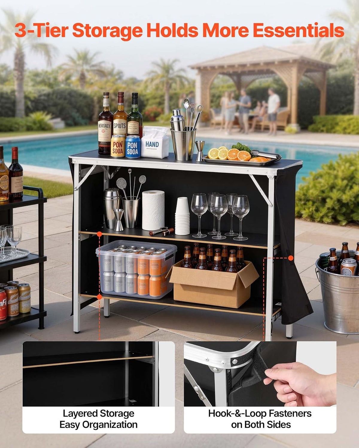 VEVOR Mesa de Bar Portátil 1100 x 390 x 880 mm, Barra de Fiesta Plegable, con Soportes Laterales Falda Estante de Almacenamiento Bolsa de Transporte, Estación de Bar Exterior para Feria Eventos Fiesta