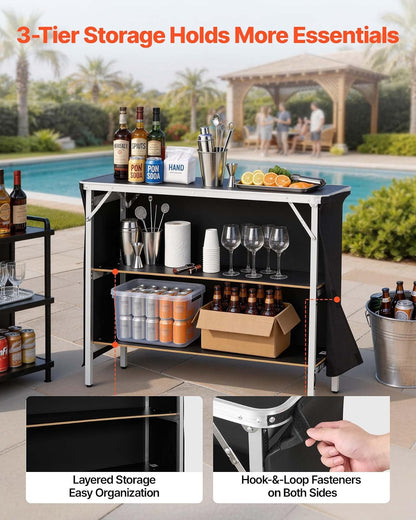 VEVOR Mesa de Bar Portátil 1100 x 390 x 880 mm, Barra de Fiesta Plegable, con Soportes Laterales Falda Estante de Almacenamiento Bolsa de Transporte, Estación de Bar Exterior para Feria Eventos Fiesta