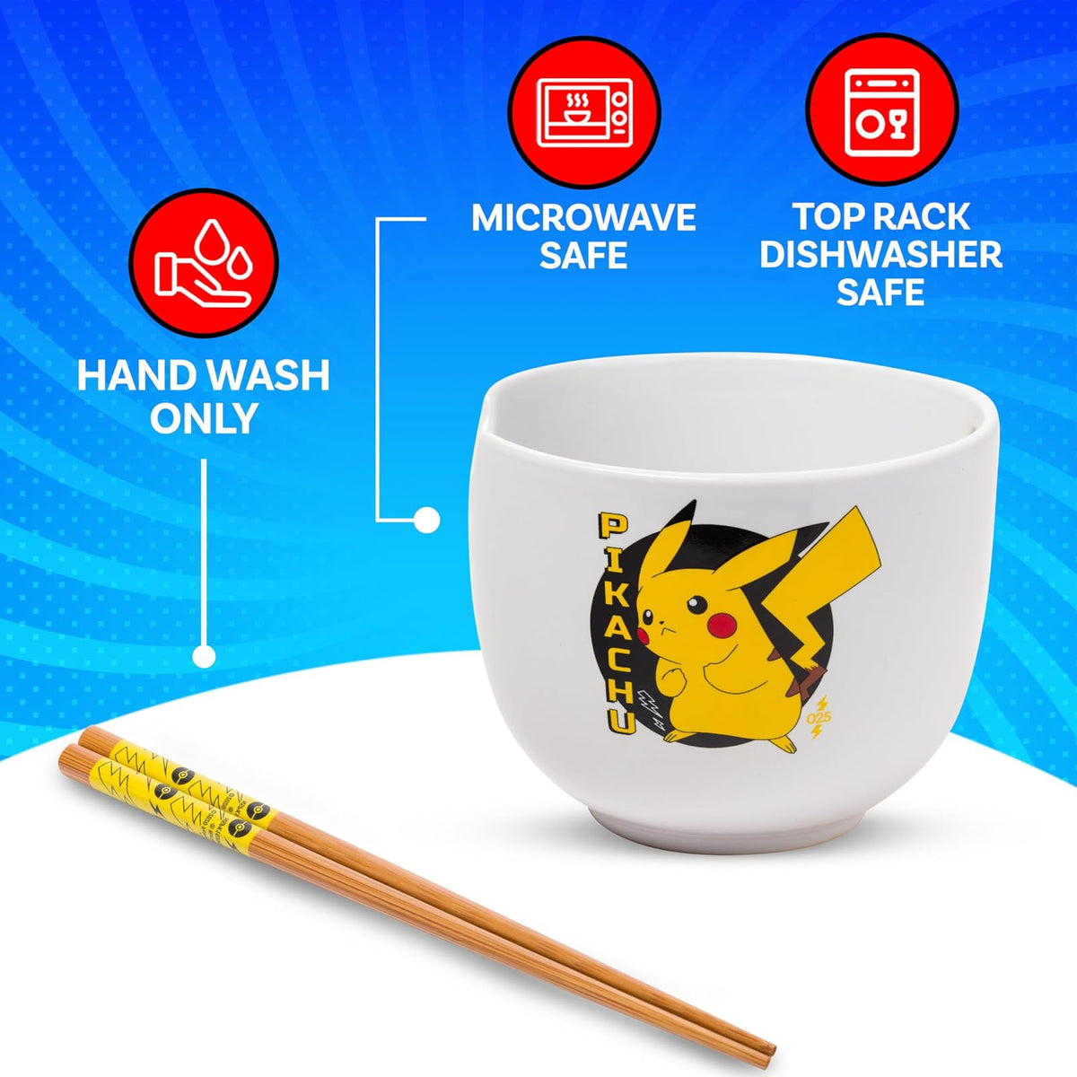 Silver Buffalo Pokemon Pikachu - tazón de arroz con palillos de cerámica para fideos Ramen, apto para microondas, 20 onzas