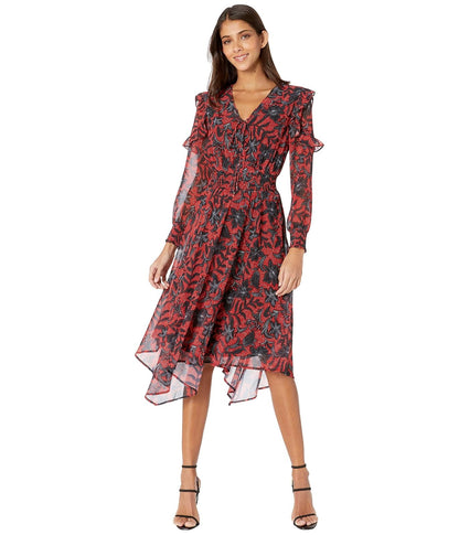 Sam Edelman Long Sleeve Smocked Hanky Hem Dress Vestido Salida Casual de Noche Mujer