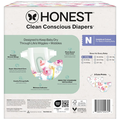 The Honest Company Clean Conscious Pañales para piel delicada, hasta 100% a prueba de fugas, hipoalergénicos, sin fragancia, estampados para niñas, caja club, tamaño recién nacido, 72 unidades