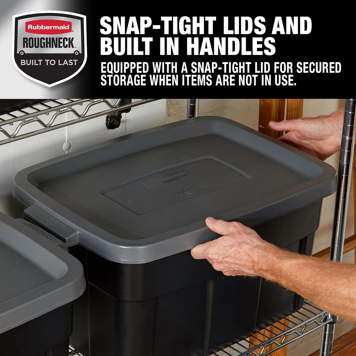 Rubbermaid - Contenedores de almacenamiento de plástico negro resistentes con tapas para almacenamiento, apilables, de gran capacidad, duraderos, multiusos, 14 galones, 6 unidades (14 galones, 6