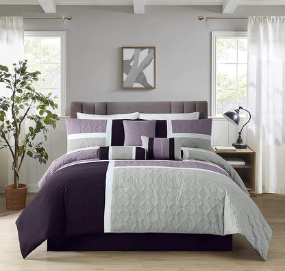 Chezmoi Collection Juego de Edredón Patchwork 7 Piezas Queen - Queen - Lavanda - Gris - Púrpura