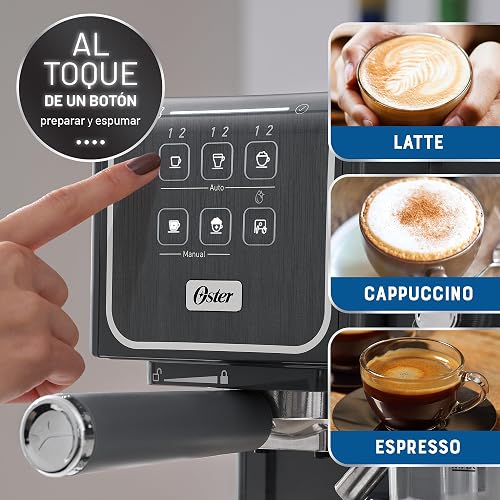 Oster Cafetera PrimaLatte 2 Touch con Panel Táctil y 19 Bar de Presión | Prepara espresso, cappuccino y latte, compatible con café molido, sobres E.S.E. y cápsulas Nespresso, Gris, BVSTEM6801M