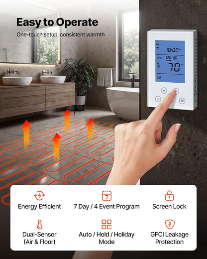 VEVOR - Sistema de calefacción por suelo radiante de malla autoadhesiva de 70 pies cuadrados (120 V), con termostato inteligente y alarma, fácil instalación para azulejos, piedra y vinilo.
