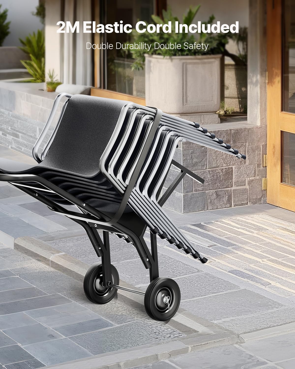 VEVOR Estante para Sillas Plegable, Capacidad de 68 kg, Carrito Resistente para Apilar 10 Sillas, Carrito de Almacenamiento de Metal con Ruedas de Goma, Soporte para Sillas de Empuje, Negro Mate