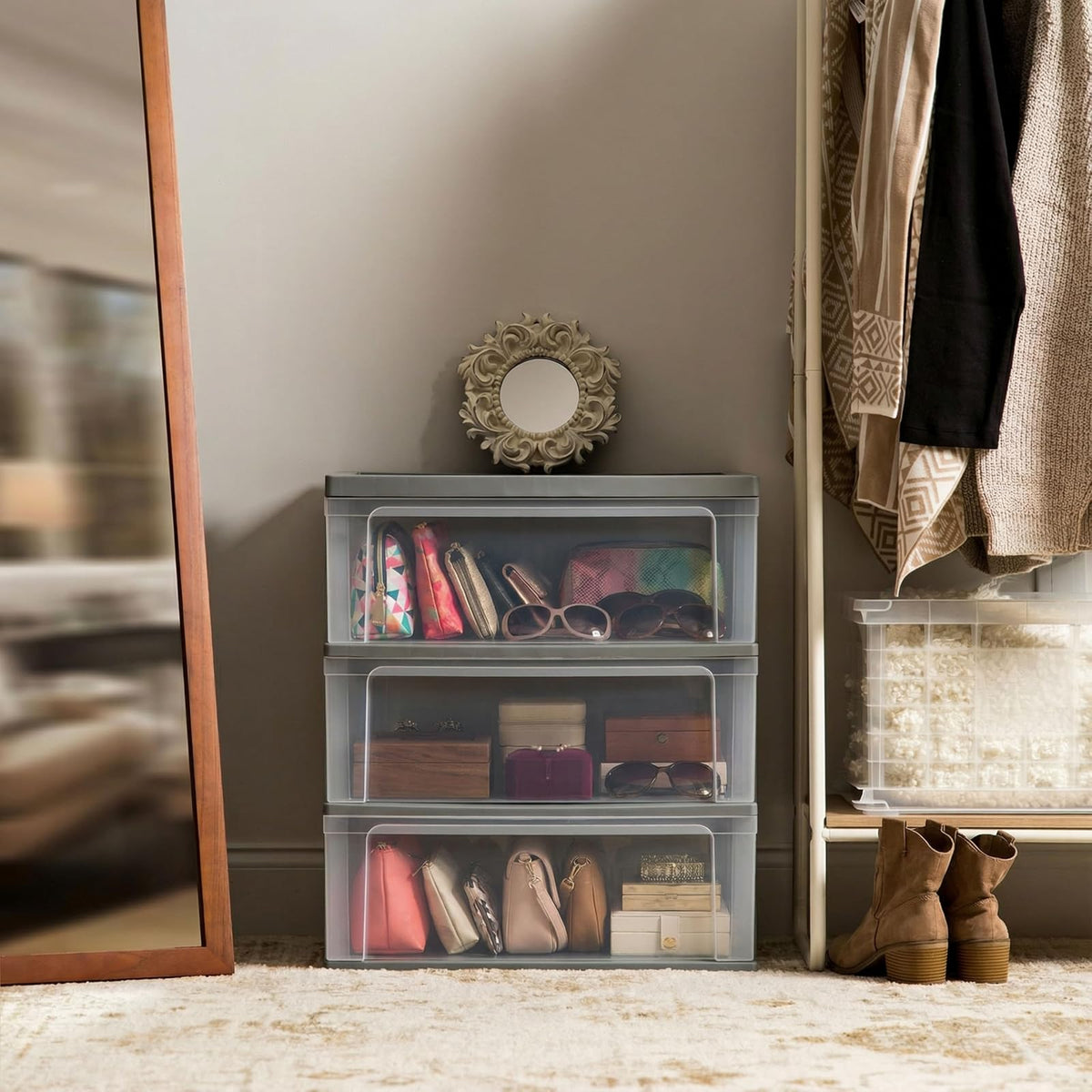 IRIS USA Carrito Organizador Ancho de 3 Cajones con Ruedas, Gris | Guarda ropa, toallas, artículos de oficina, manualidades y artículos del hogar con almacenamiento organizado