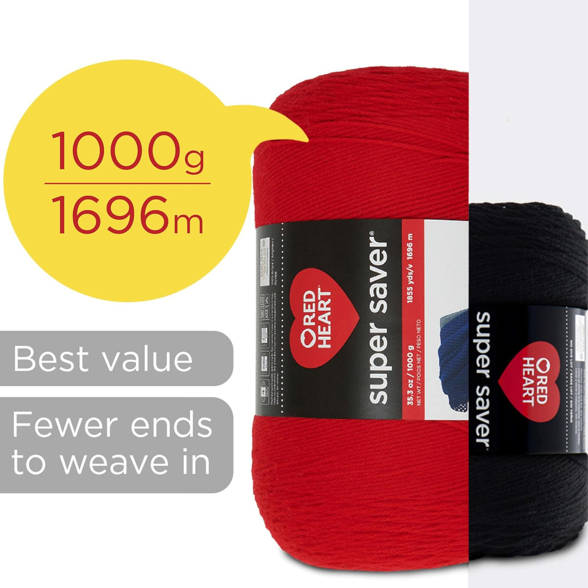 Red Heart Super Saver - Hilo blanco de 1000 g, 1 paquete de 35.2 oz/998 g, 100% acrílico, #4 Worsted (mediano) - 1860 yardas para tejer, ganchillo, manualidades y amigurumi
