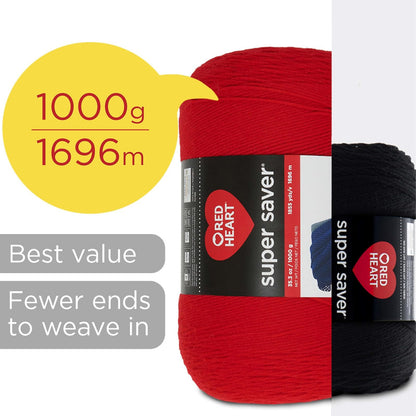 Red Heart Super Saver - Hilo blanco de 1000 g, 1 paquete de 35.2 oz/998 g, 100% acrílico, #4 Worsted (mediano) - 1860 yardas para tejer, ganchillo, manualidades y amigurumi