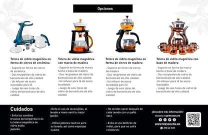 TRESSO Juego de Tetera de Vidrio Estilo Japonés, con Soporte en forma de Ciervo, Hecho de Madera 300 ml y 6 Tazas de Cristal, Set de 7 Unidades