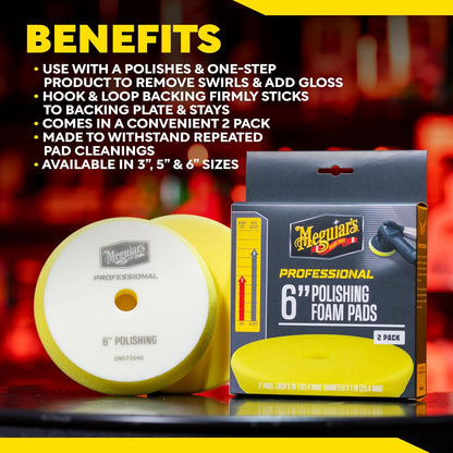 Meguiar's Almohadillas de Espuma para Pulir 6 in, Paquete de 2 M6PFP2 | Almohadilla de espuma profesional para pulir, utilizar con esmaltes para quitar arañazos y remolinos ligeros o utilizar con