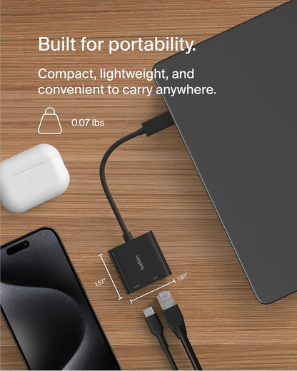 Belkin Connect USB-C a Ethernet + Adaptador de Carga de 100 W con Puerto Gigabit Ethernet y Puerto USB-C - 10/100/1000 Mbps para conexión rápida a Internet, Compatible con iPhone 16, Samsung Galaxy