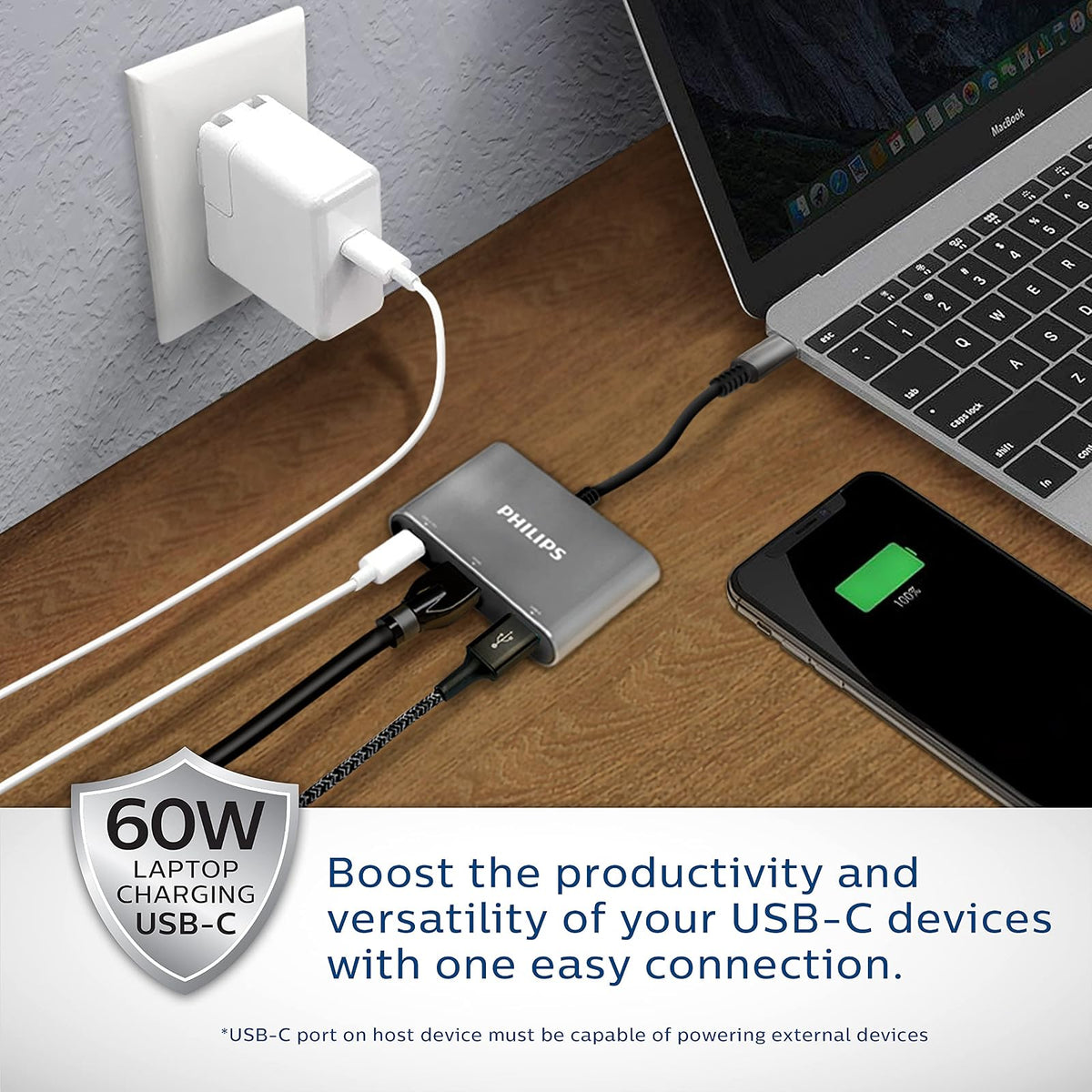 Philips Adaptador de concentrador USB C a multipuerto, paso de alimentación 3 en 1, HDMI 4 K a 30 Hz, puerto de carga USB C de 60 W, puerto USB 3.0 de 5 Gbps para MacBook Pro, MacBook Air, estación de