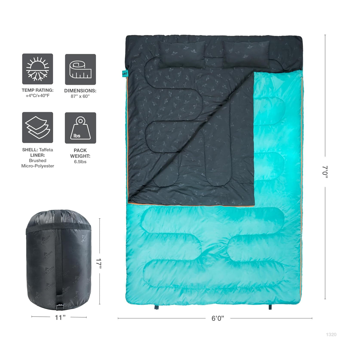 Teton Sports Cascade Double Sleeping Bag; Lightweight, Warm and Comfortable for Family Camping
