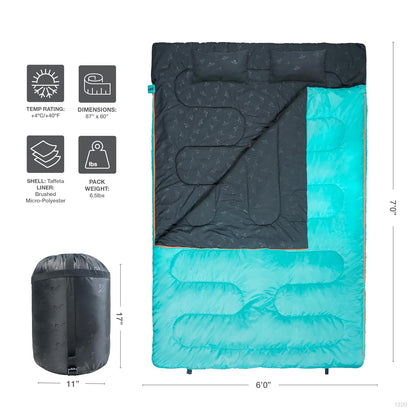 Teton Sports Cascade Double Sleeping Bag; Lightweight, Warm and Comfortable for Family Camping