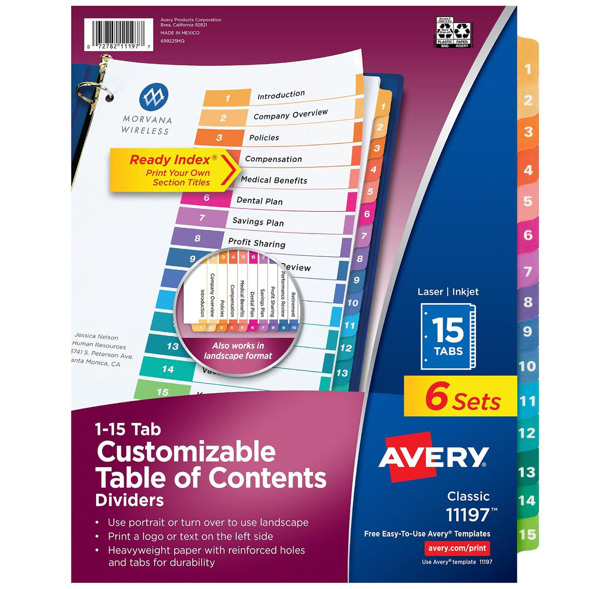 Avery 11197 - Separadores de 15 pestañas para carpetas de 3 anillos, tabla de contenido personalizable, pestañas multicolores, 6 juegos