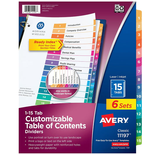 Avery 11197 - Separadores de 15 pestañas para carpetas de 3 anillos, tabla de contenido personalizable, pestañas multicolores, 6 juegos