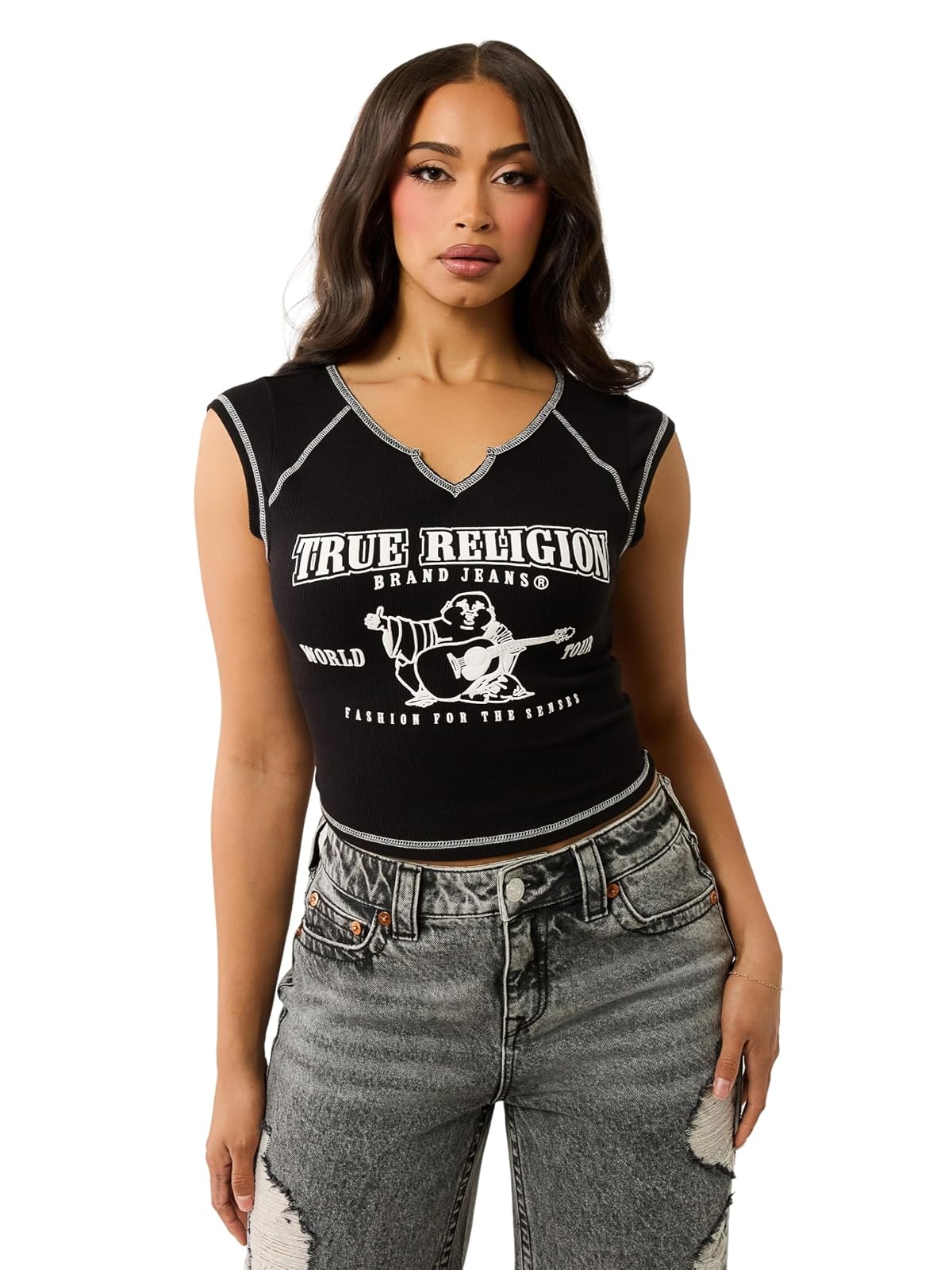 True Religion SRS - Playera Casual con Cuello Redondo para Mujer