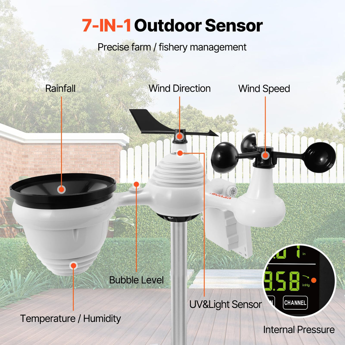 VEVOR YT60234 - Estación meteorológica WiFi 7 en 1, estaciones meteorológicas WiFi para interiores y exteriores, visualización a color de 7.5 pulgadas para pronósticos meteorológicos, temperatura,