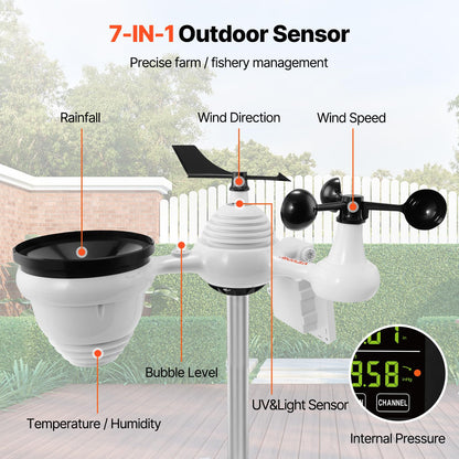 VEVOR YT60234 - Estación meteorológica WiFi 7 en 1, estaciones meteorológicas WiFi para interiores y exteriores, visualización a color de 7.5 pulgadas para pronósticos meteorológicos, temperatura,