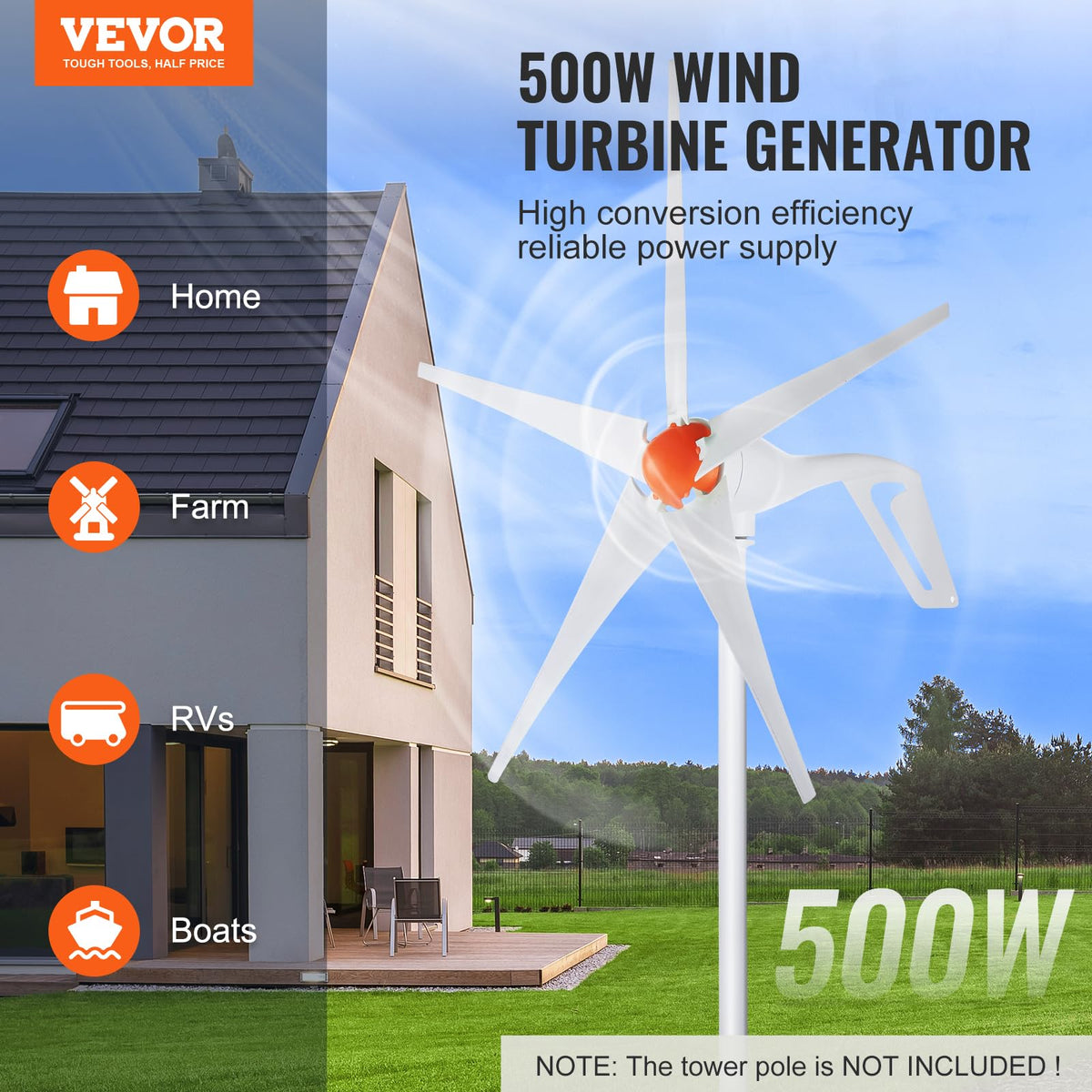 VEVOR Kit de Generador de Turbina Eólica 500 W 12 V 5 Palas Controlador MPPT Dirección del Viento Ajustable Velocidad de Arranque del Viento 2,5 m/s para Hogar, Granja, Vehículos Recreativos, Barcos