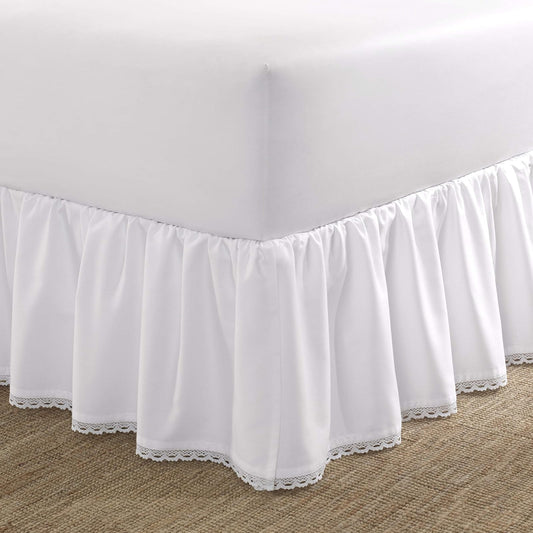 Laura Ashley - Falda de Cama de algodón con Volantes y Ribete de Ganchillo | 220 hilos, 100% algodón, caída de 14.5 pulgadas, ribete de ganchillo blanco, ligero y duradero, lavable a máquina