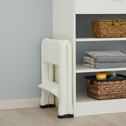 Rubbermaid Two-Step Folding Foot Stool 14-Inch High White 300 Pound Capacity Small Step Stool for Adults/Kids for Use in Library/Kitchen/Bathroom/Garage/Closet