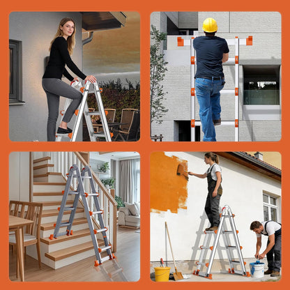 Escalera telescópica con Marco en A de 14 pies con Barra estabilizadora, Escalera de extensión Plegable de Aluminio de 4 escalones, compacta y Ahorra Espacio para Trabajo doméstico o al Aire última