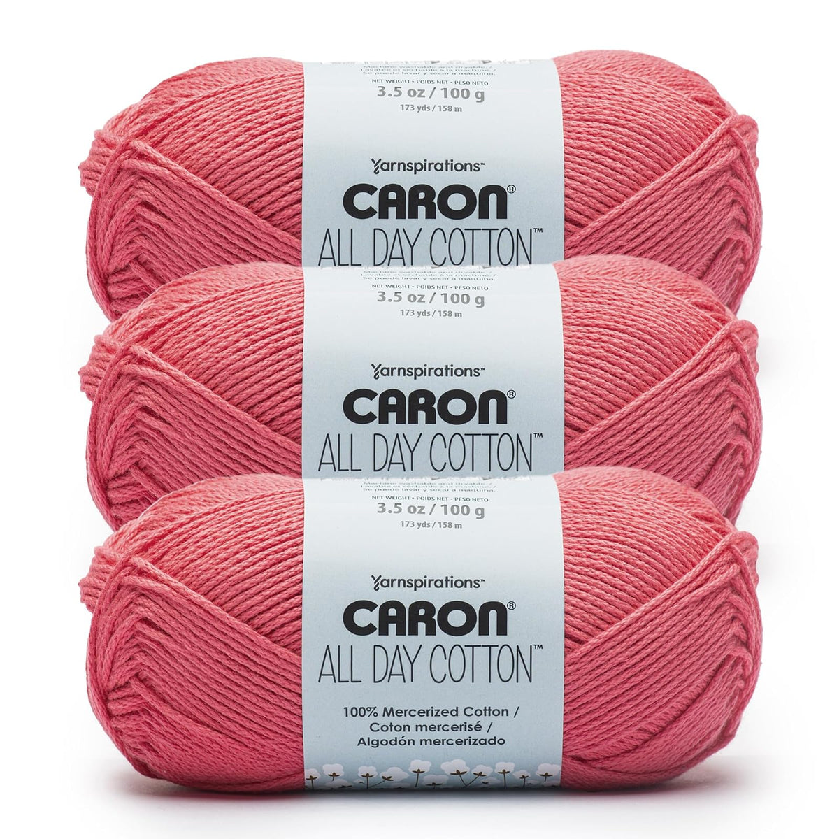 Caron All Day Cotton, Paquete de 3, 100% Algodón Mercerizado, Camisa Blanca - Cereza