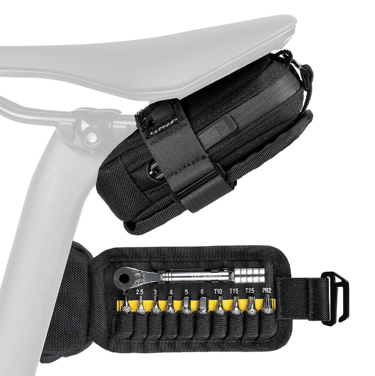 Topeak Elementa GearBag o GearBag EX - Bolsa compacta para bicicleta debajo del asiento con juego de herramientas de carraca, almacenamiento de 0.3 L, EX, compartimento plegable para herramientas