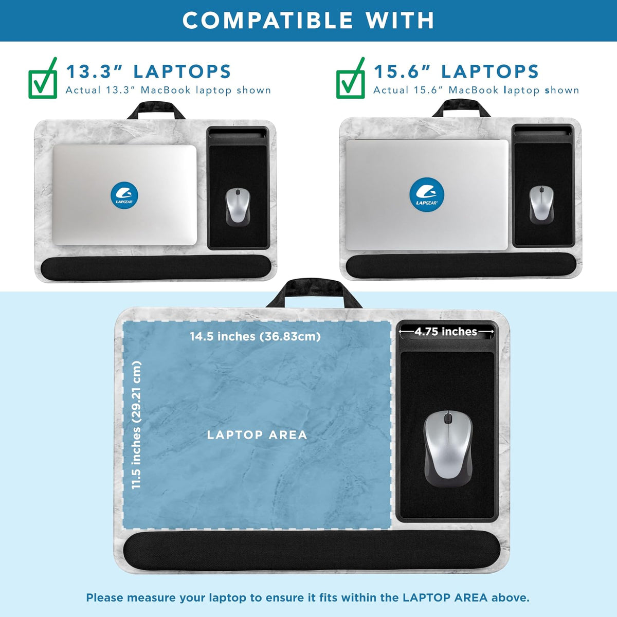 LapGear Home Office Pro - computadora de regazo con reposamuñecas, alfombrilla para mouse y soporte para teléfono, mármol blanco, se adapta a portátiles de hasta 15.6 pulgadas, estilo n.º 91591