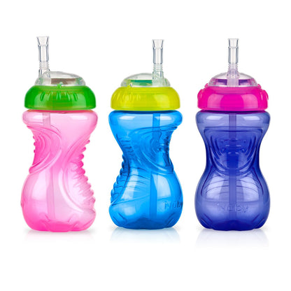 Nuby 3 Piece Girl No-Spill Cup with Flex Straw, 10 Ounce, Multicolor