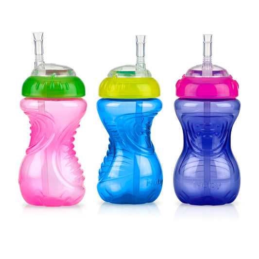 Nuby 3 Piece Girl No-Spill Cup with Flex Straw, 10 Ounce, Multicolor