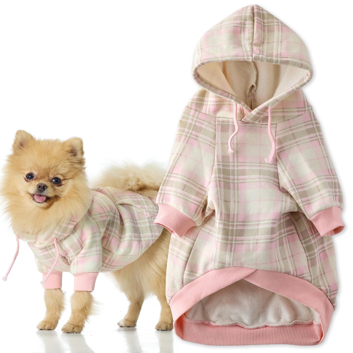 Pet Passion Rocky II Sudadera con Capucha de Algodón Orgánico para Perro - Large (40-60 lbs) - Rosa Chesterfield Plaid