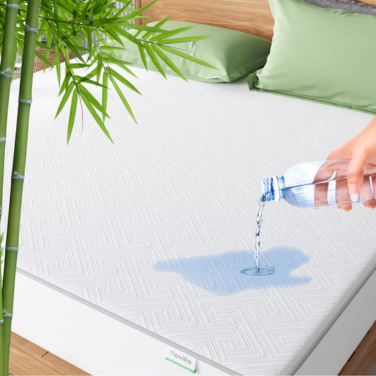 Novilla - Protector de colchón Impermeable, Protector de colchón de bambú tamaño Queen, Funda de colchón de enfriamiento Ajustable, Antideslizante, Ajuste de colchón de 8 a 18 Pulgadas, Color Blanco