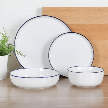 Gibson Home Oslo - Juego de vajilla de porcelana de cerámica resistente a los arañazos y astillas, apto para microondas y lavaplatos, platos y cuencos, color blanco con borde azul