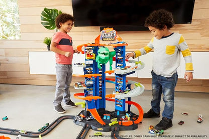 Hot Wheels City Pista de Juguete Ultimate Garage Robo T-Rex 5+ Años | Mide 1 metro; estaciona más de 100 autos, ascensor y modo multijugador