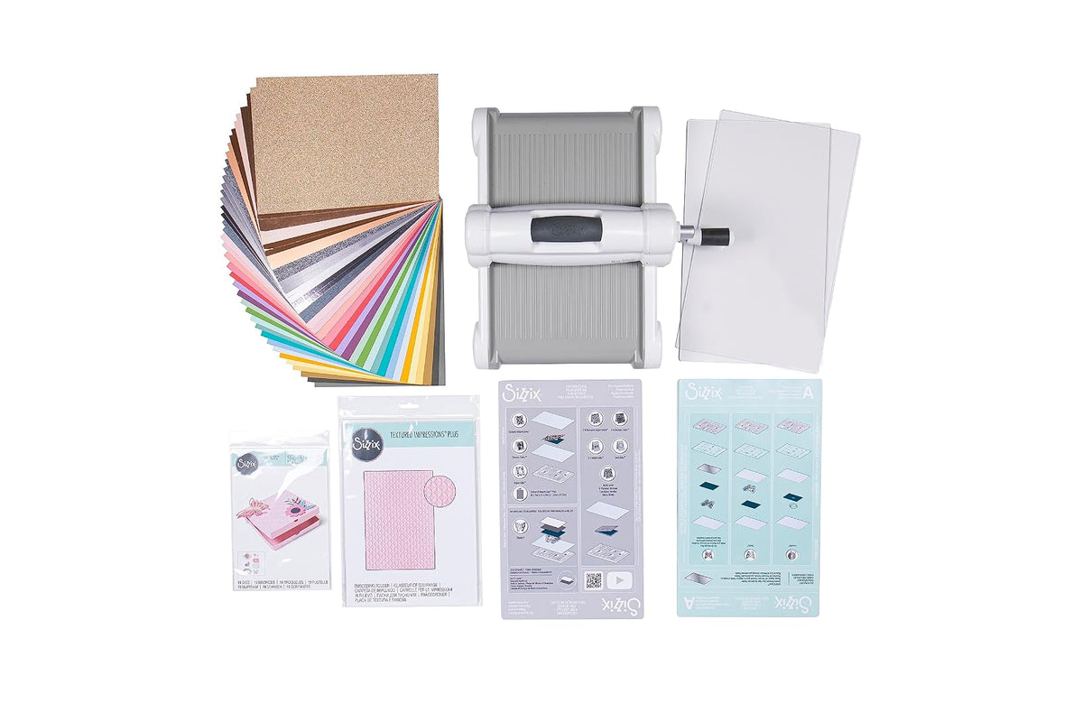 Sizzix Big Shot Plus Kit de Inicio 9 Pulgadas | Blanco/Gris, 20 troqueles, 20 cartulinas, corte y repujado, multiusos