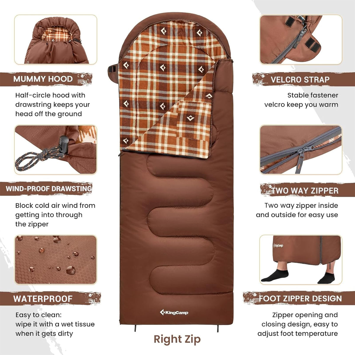 KingCamp Saco de Dormir para Adultos, Clima Frío y Cálido, XL Extra Grande, Acolchado de Franela, Impermeable y Portátil, Incluye Saco de Compresión, Ideal para Camping